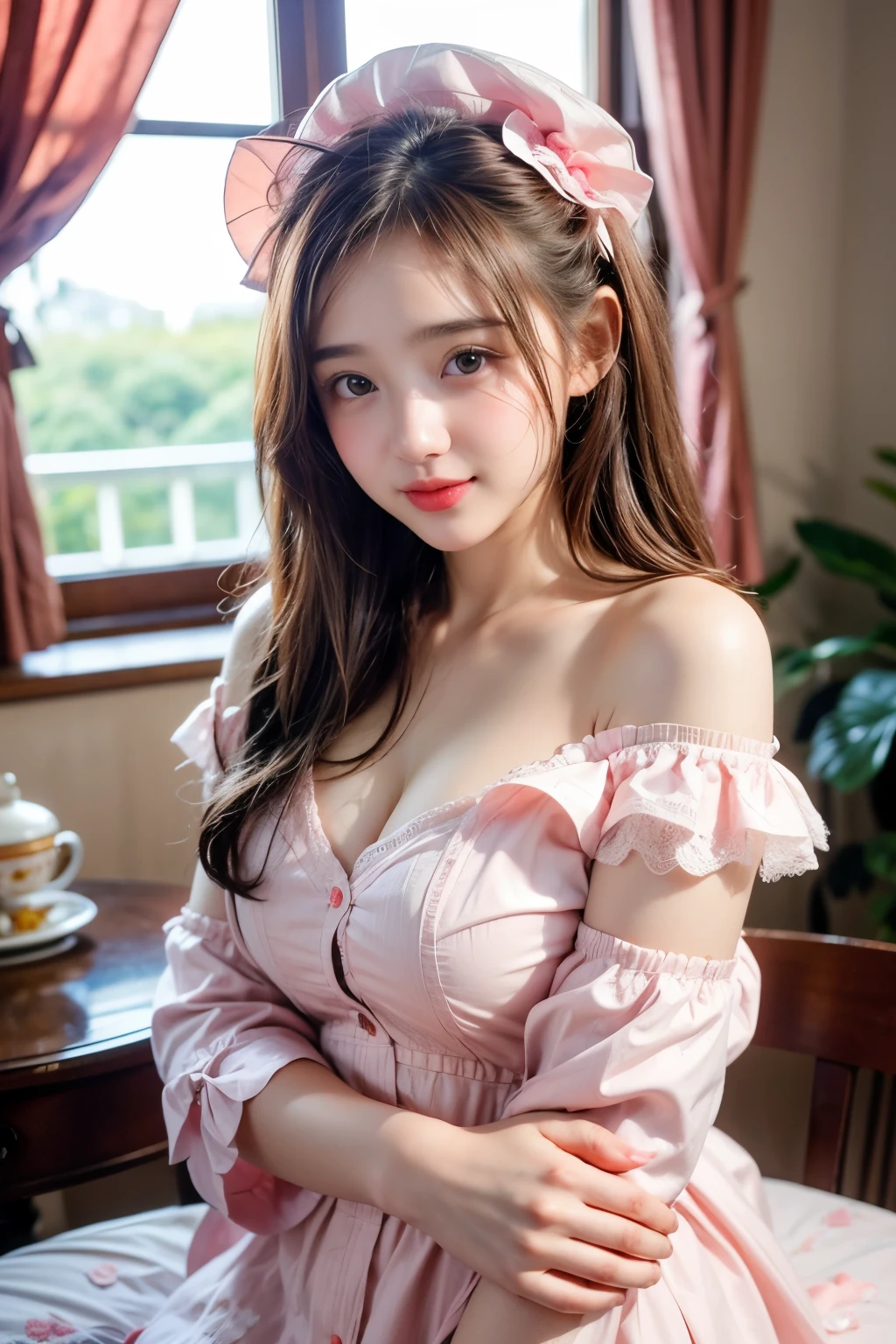 masuter piece, best qualtiy, (((realisitic, Photorealsitic:1.37))), ((Solo)), 8K image quality, Extremely delicate and beautiful, splendid, Official art with attention to detail, Ridiculous, Unbelievably ridiculous, huge filesize, ultra-detailliert, ighly detailed, (Beautuful Women), (detailed woman), extremely detailed eye and face, Beautiful detailed eyes, Light makeup, (Perfect female figure), (Korean  beauty), ((fullllbody)), (((Sitting))), A dark-haired, With bangs, (pink frilled dress), appointment, (lovely smile), ((Looking up at the camera)), (((View from above))), Cafe Counter,