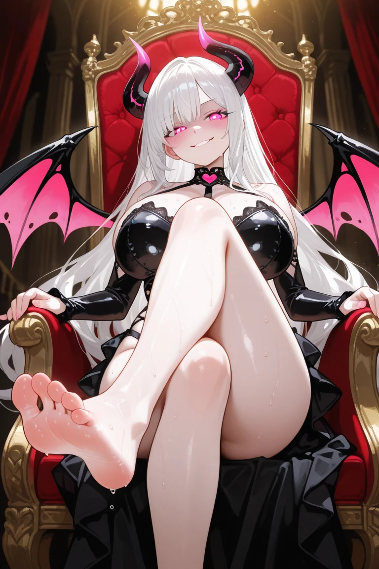 ((Лучшее качество)), ((шедевр)), (подробный), 1 girl, ankle bracelet, barefoot, chest, neckline, crossed legs, curtains, dark-skinned woman, dark skin, demon girl, demon horns, demon wings, nails, horns, jewelry, long hair, looking at the viewer, moon, nail polish, red eyes, open clothes, sitting, stuck out her tongue, spread her legs, female masturbation, fingers in the vagina, female orgasm, squirt, cums, guy from the mouth, female masturbation, solo, glitter, throne, nail polish, very long hair, white hair, window, wings