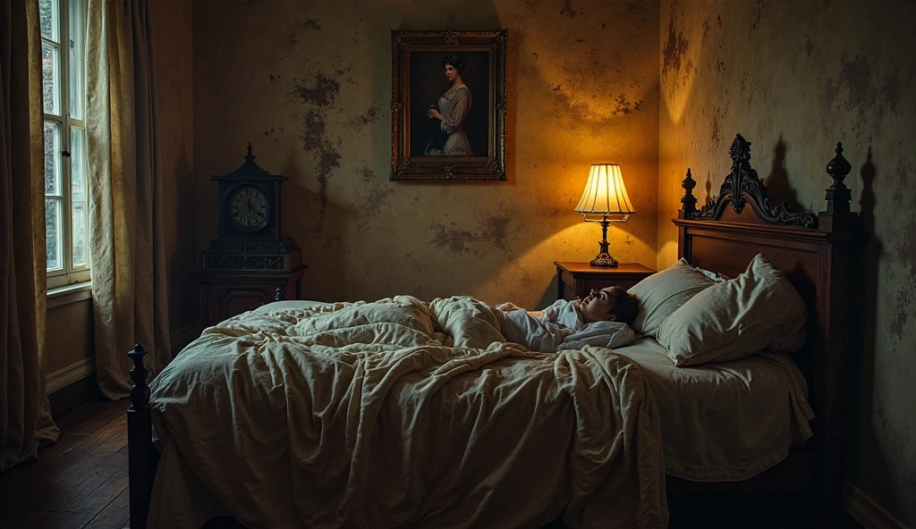 abandoned mansion, man sleeping in a bed at night with a lamp beside him, the environment is all dirty