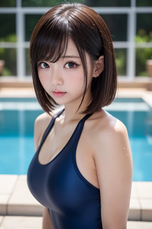 Dreamy atmosphere, High Contrast, Ultra Sharp, Studio shot、Upper body portrait、Angle from below、(Navy School Swimsuit :1.2), (Small breasts), Focus on the chest、Slim Body Enhancement、Realistic、Realistic、Very detailed cute、alone、18-year-old、Japanese、Melancholic expression, Brown Hair、Medium long cut hair, Background Pool、Out of focus、Blurred、