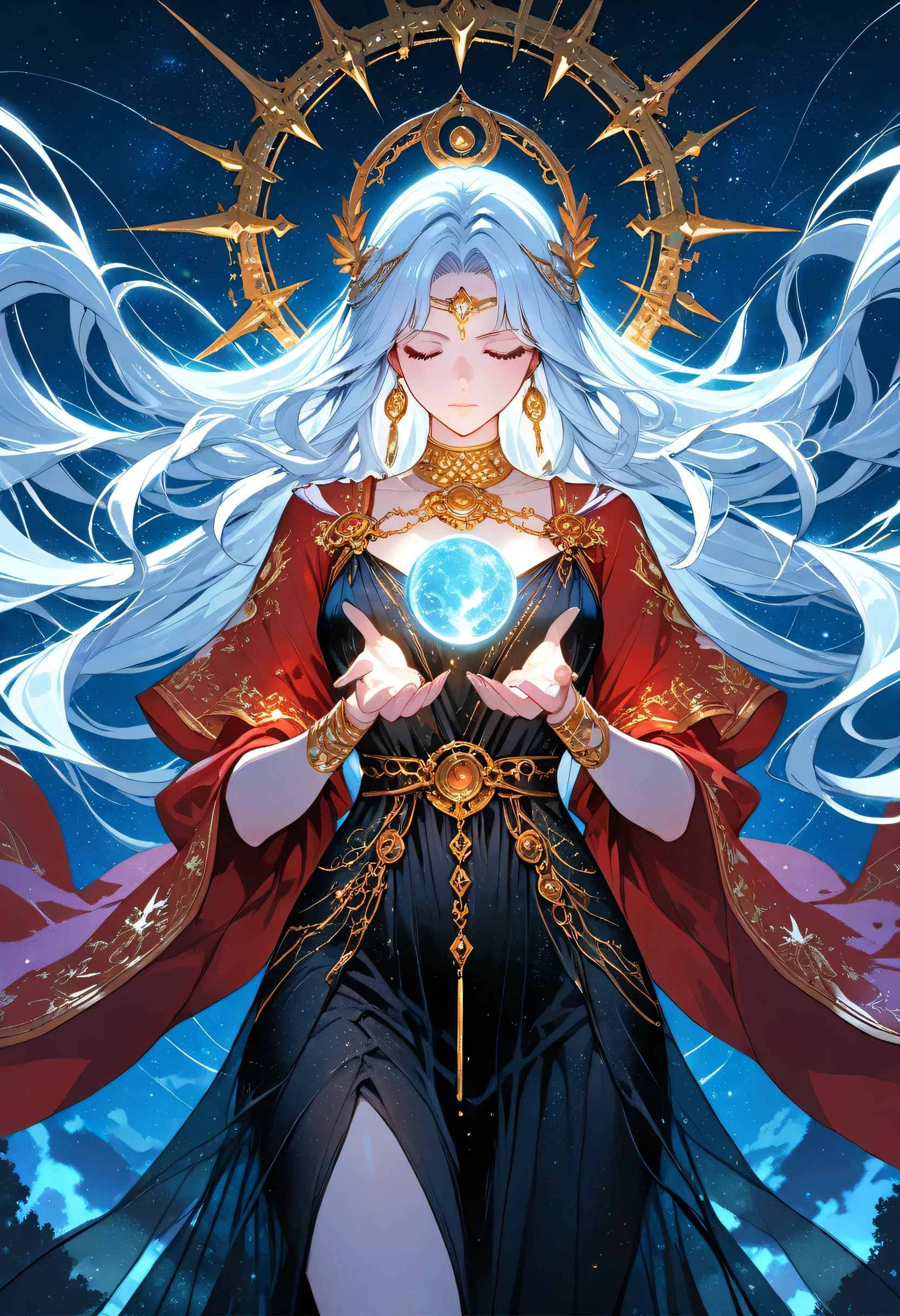 a picture of woman wearing transluminescent dress, black silk dress, intricate dress, transparent dress, red sleeves, epic beautiful woman, divine beauty, serene beauty, silver hair, shining hair, lush hair, long hair, stars entwined in the woman's hair, fantasy art, night time, the moon rises, creating a silhouette, fantasy, glowing, ember