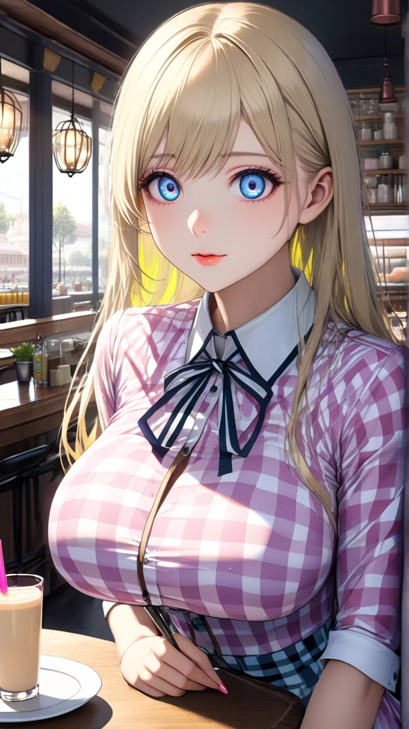 (masterpiece:1.2, highest quality), (Realistic, photoRealistic:1.4), Beautiful illustrations, (Natural Side Lighting, Cinema Lighting), Browsing Caution,
View your viewers, Cowboy Shot, Front view:0.6, 1 girl, Japanese, high school girl, Perfect Face, Cute and symmetrical face, Shiny skin,
(Middle Hair:1.6, Straight hair:1.2, Long side locks, Blonde), parted bangs, blue eyes, Long Eyelashes, (Huge breasts:1.1, Captivating thighs),
Beautiful Hair, Beautiful Face, Beautiful fine details, Beautiful clavicle, Beautiful body, Beautiful breasts, Beautiful thighs, Beautiful feet,
((Detailed cloth texture, White collared shirt with long sleeves, Light purple checkered pleated skirt, Light purple checked bow tie, socks)),
(Beautiful views), evening, River side, squat, (Wicked Smile, Upward glance),