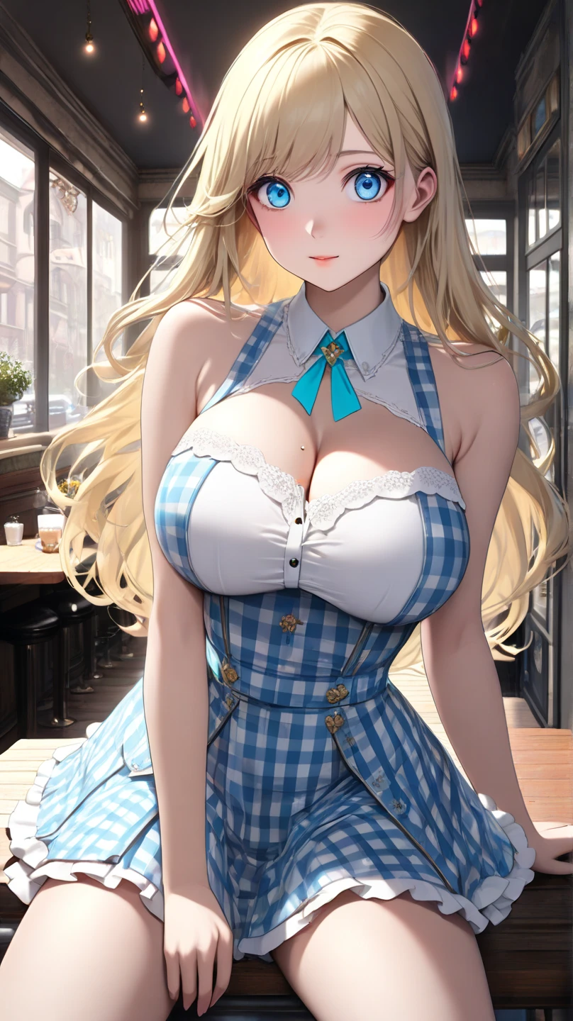 (masterpiece:1.2), (highest quality:1.2),, Curvy but slender body, perfect eyes, perfect face, perfect lighting, 1 girl, long hair, curly hair, fine clothes, detailed outdoor background, compensate, eye shadow, thick eyelashes, fantasy, maid、whole body,alice in wonderland、blue sky、Bright and beautiful face、young shiny glossy white shiny skin、the best beauty、the most beautiful bright blonde hair in the world、thin hair、super long straight hair、Shining beautiful bangs、Shining crystal clear big blue eyes、Very beautiful lovely 17 year old most beautiful girl in the world、big and full breasts、smile shyly、a sexually excited look、((she shows panties、lift the skirt、I'm seducing you))