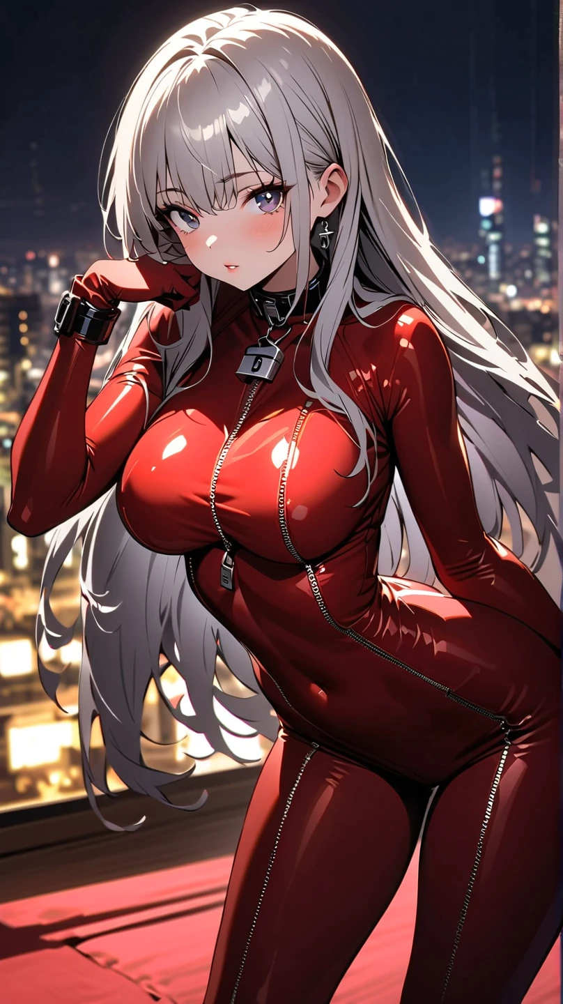 masterpiece, best quality, shadows, dynamic angle, perfect hands, perfect legs, perfect anatomy, pretty face, mature features, 1 girl, 21 years old, mature woman, sexy red dress, city night background, white long hair, thighs, ass, breast, seductive, spicy, posing, cinematography lights, NSFW,