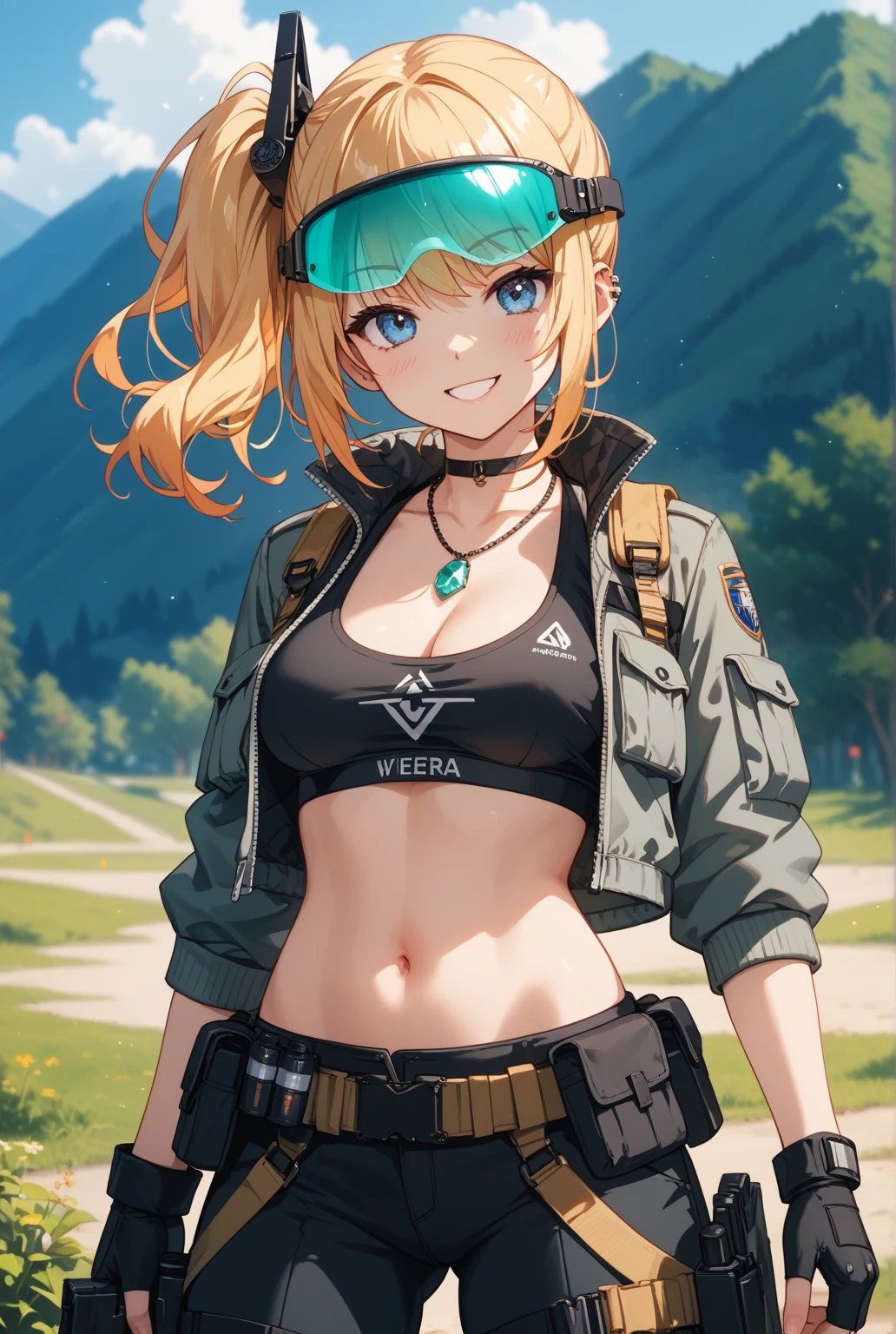 ((((masterpiece)))), expensive quality, very_expensive_solve, big_file size, Full Color, Steampunk depicting a planet of the future,, In the distant forest, A bustling foreign market, Off-road bikes. The main character is a girl with a beautiful upper body, blonde, short bob, silver, smiling, Mechanized weapons. Wearing a white tank top, Distressed denim shorts, Engineer boot, Off-road bikesに乗る. beauty,