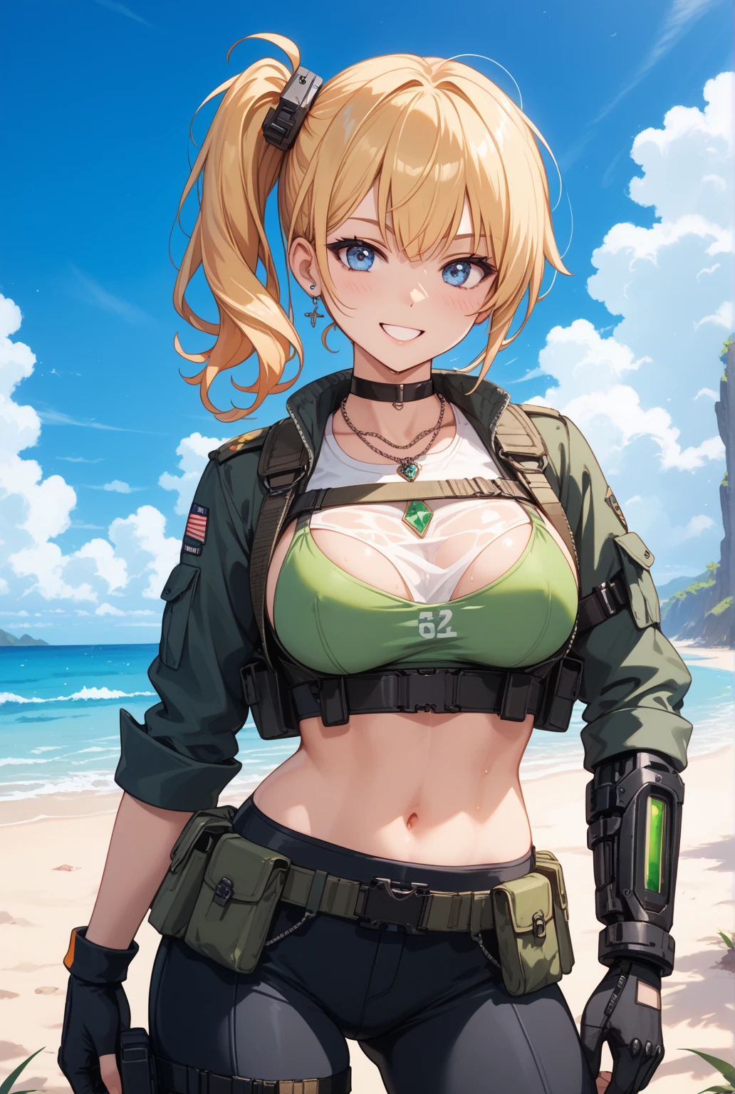 1girl, (solo:1.2)
<lora:Mysterious Heroine XX [nekuroute - v1.0]:0.8> mysterious heroine xx \(fate\), (baseball cap:1.2), blue headwear, hair through headwear, swimsuit, (white bikini:1.2), side-tie bikini bottom, (white bikini panties), shrug \(clothing\), jacket, thigh strap, wristband, blonde hair, (huge breasts), (skindentation:1.2), long hair, ponytail, blue eyes, cropped jacket, (wide hips), curvy, (cute face:1.3)
(cowboy shot:1.2)
BREAK <lora:BBC-chan [MockAi - v1.0]:0.85> bbcchan, simple shading, thick lineart
BREAK intricate details, (masterpiece:1.3), (best quality:1.3), (perfect anatomy:1.4)
BREAK, (tropical beach:1.3), palm trees, azure blue water, daylight, summer,