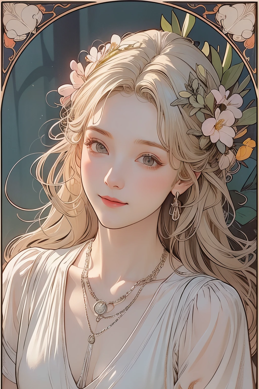 (oil painting of a young, beautiful woman), striking portrait, (calm, gentle, girlish smile), ((almost straight, medium-length blonde silver-gray hair)), (close-up), (simple, urban, sharp shirt in soft colors), (slim figure), small necklace, fine and precise details, small spring flowers, fresh greenery on the trees, monochrome city, pale purple-gray world, muted colors, bright primary colors used partially as accents, use of contour lines, clean line drawing, (Alphonse Mucha-style composition), (stylish decorative frame in the Art Nouveau style), masterpiece!, beautiful!, wonderful!, perfect!,