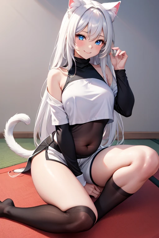 masterpiece, best quality, beautiful art, high resolution, well formed hands, body and fingers, 1 woman, solo, Black Hanekawa, full body, wearing black lingerie, black bra, black underwear, gorgeous legs hips and thighs, cat ears and cat tail, she is fighting in a combat match, she is using her claws in order to scratch the viewer, feeling confident and proud, smiling joyfully and happily, charming her opponent with her beauty, bouncing breasts, fighting scene, martial arts tournament on the beach
