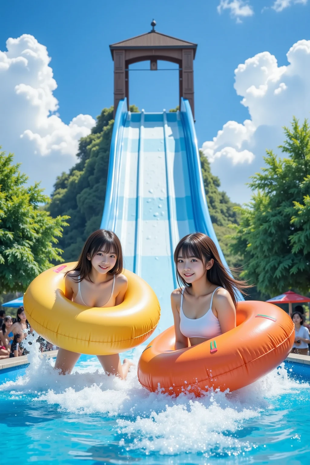 ((Attention to detail)),(Super detailed), Highly detailed CG Unity 8k wallpaper, Highest quality, 8k, (())、girl、Two people、Long twin tail hair,、Mid-chest、((Beautiful Skin))、((Beautiful legs))、((Thin legs))、((smile))、((I am in the sea)),((All Nude))、((Slim body))、Nipples、Hair is wet with water、The whole body is wet with water、On all fours with the camera facing the anus、