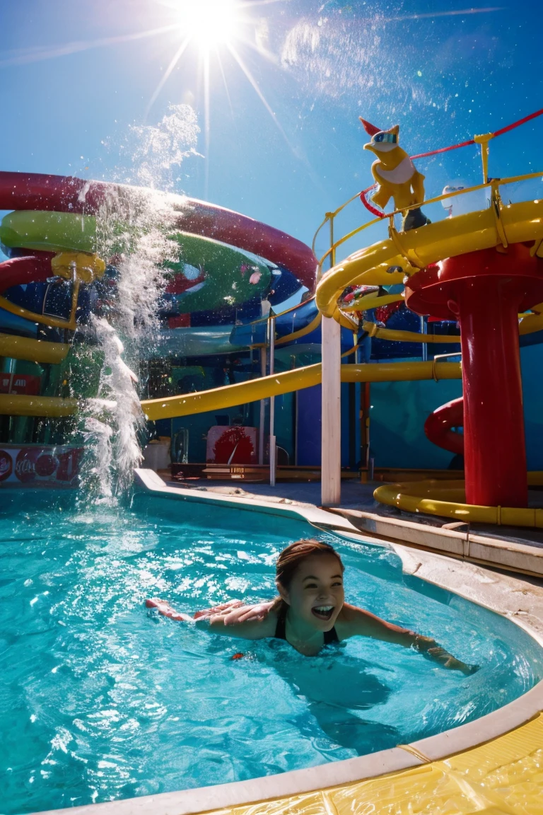 Indoor swimming pool on the 180th floor of the gate of Shanghai Tower，Sports Center，There were five little girls wearing openwork translucent stockings，Pouting and smiling，is shy，Pout，Pink, gold, White, Blue, Five colors, Two-tailed hair and cyan eyes，Anime little girl in servant costume