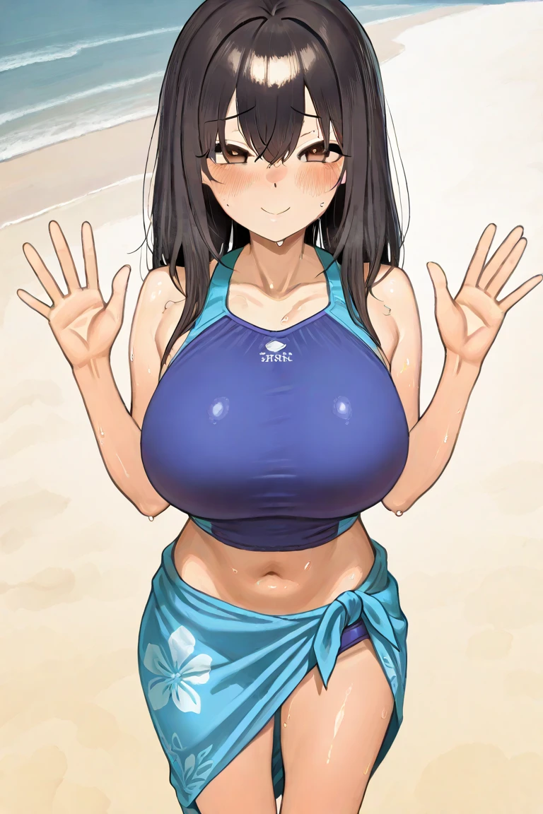Wind Horse_home town,Large Breasts,Black Hair,Long Hair,ponytail,Green Eyes,(Cheerleader, Crop top, Ultra mini skirt, Expose your shoulders) ,(Sweaty, Glowing Skin:1.1), ,SunLight, spotLight effect,Bright sky, Blue sky and white clouds,Strong winds,(High resolution, high quality:1.1), Intricate details, Light, 1 Girl,(smile、smile),(necklace, bracelet),Sweat splashes near the face、Gym、Basketball court、During the game、、Dazzling Lighting、Angle from directly above、Chest shakes a lot