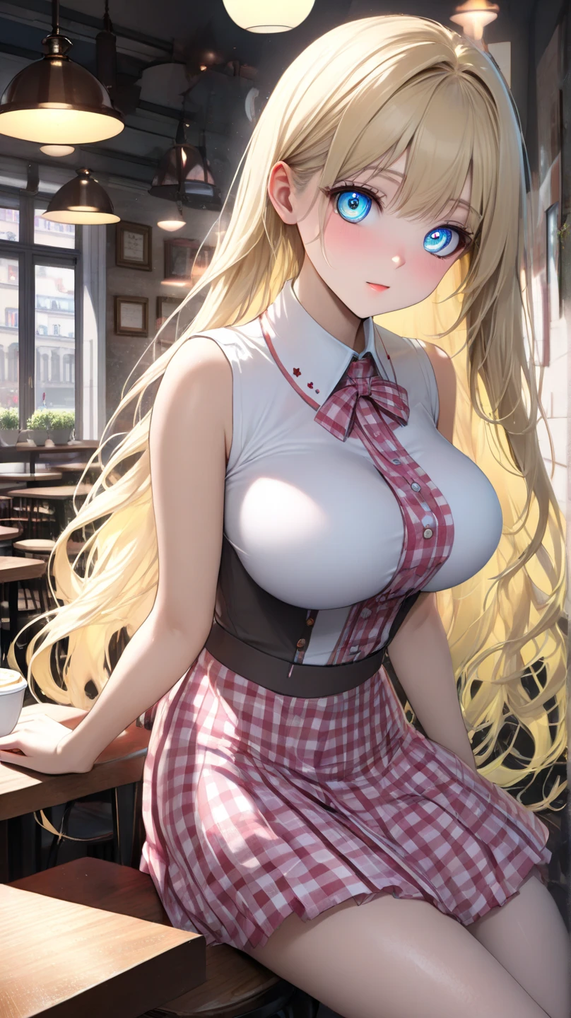 1girl only, smile, ((long blonde hair,Between dates.)),((open shirt, white collar shirt)), ((cleavage is visible.)), medium breasts, plaid skirt, sarcastic, shy, blushing, ((light skin)),((short sleeves))