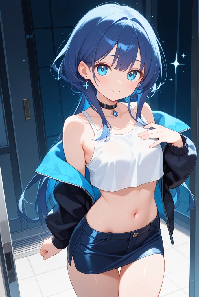Blue-purple hair, dark blue eyes, long hair, ponytail, (hairpin:1.1), long-sleeved hoodie, ,small breasts,shorts, middle school student, 14 years old, short, round eyes, sparkling eyes, confident, smiling a little There is,,(show off bra:1.5),