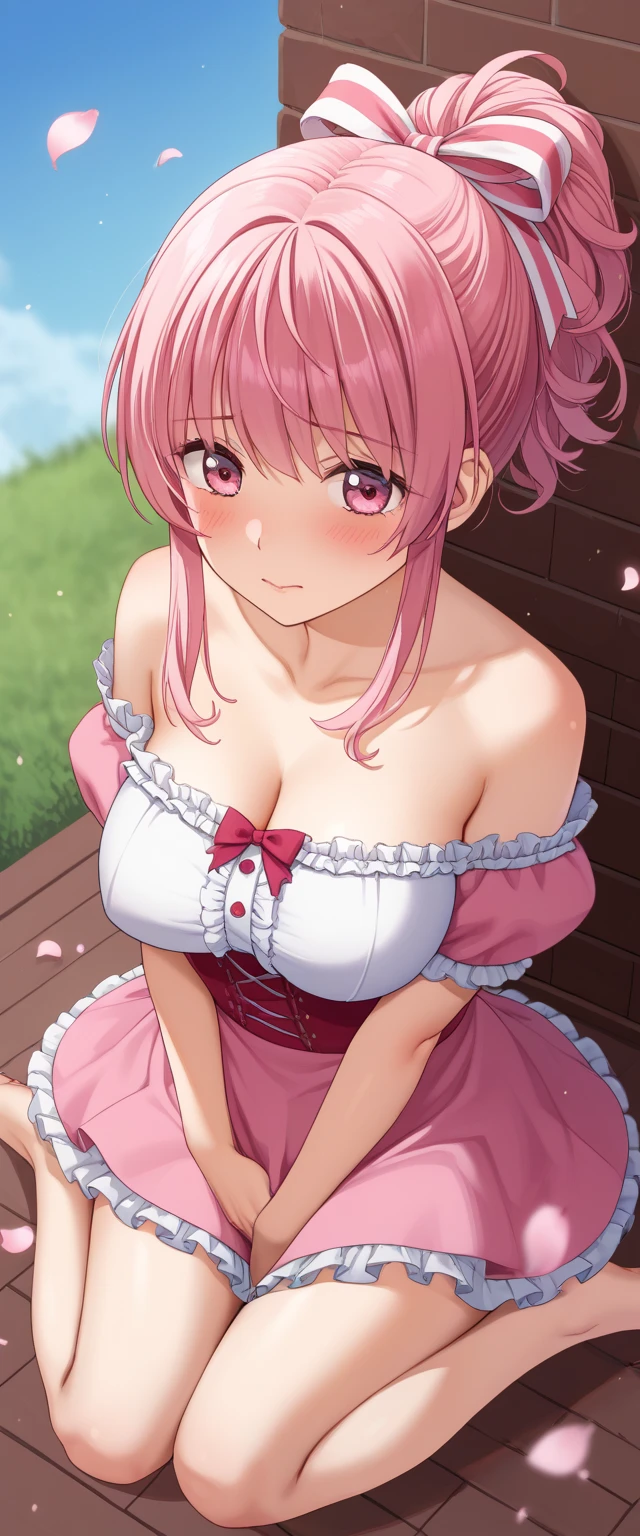 1 girl, Solo, ichika nakano, pink hair, (white apron), big breasts, cleavage, thighs, brown background, (blush:1.2), smiling