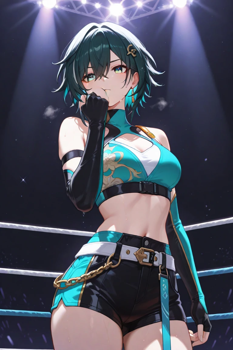 masterpiece, best quality, ninShamir, headband, armor, choker, japanese clothes, sash, fingerless gloves, black shorts, fishnets, black thighhigh, large breasts, looking at viewer, furrowed brow, smile, ((Tight leotard)), ((sexy fight pose)), ((Wrestling ring))