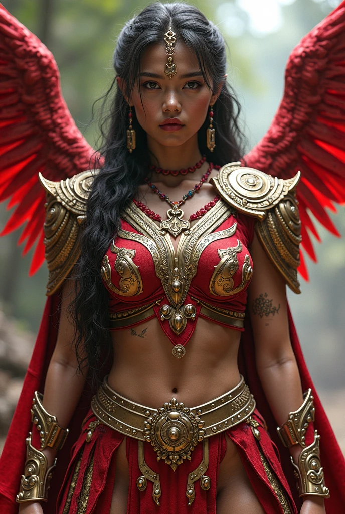Naked, nude, topless, A woman wearing a shawl made of iron, big and sexy breasts, super sexy, beautiful, with wings made of fire like phoniex, holding a spear, wearing a red long skirt, covered chains dull rust, chains, above the sky, flying over the mountains, hovering, with a shooting angle from the front, very realistic, sci-fi fantasy, cenematic, (complex detail: 0. 9), (hdr, hyperdetail: 1.2), RAW, Sony Alpha a9 II, 24-105mm f/4, HDR, indonesian woman
