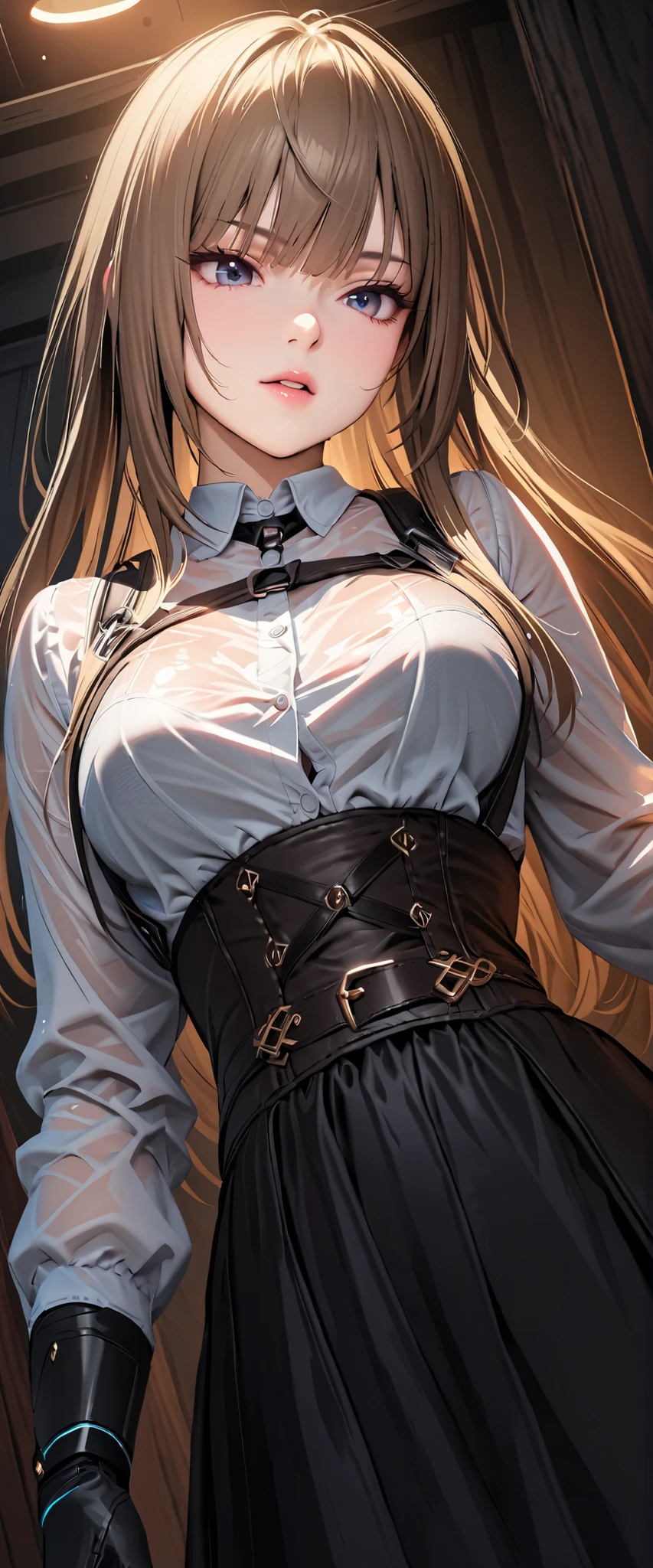 (((masterpiece)))、((Highest Quality))、(Super Detail)、(CG illustration)、(very beautiful ))、 cinematic light 、(((1 Mechanical Girl)))、 sf、Apocalypse、Erotic and grotesque、graduate School(Beautiful and luxurious:1.2)、(1 girl on break day:1.3)、face the front, (double breasted,underbust:1.2), button gap,((( CORSET BELTS ,chest harness))),(((high waist skirt,)))((see through))