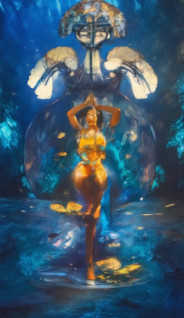 Latina humanoid figure with opalescent skin, 40 yo, Adult Model Daisy Marie, hair flowing like molten silver cascading down to her ankles, eyes sparkling like galaxies, and iridescent butterfly wings sprouting from her back, hovering above a phosphorescent crystal garden. Full frontal shot, looking seductively at viewer