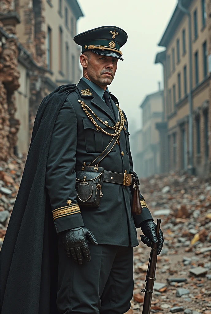 Create a 34-year-old Nazi officer in uniform and cap with a mechanical gauntlet on his hand and a cruel expression.