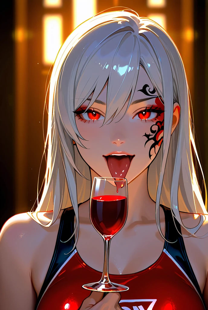 White haired woman with ruby red eyes, wearing elegant clothes, drinking milk and eating steak at a bar, anime art 