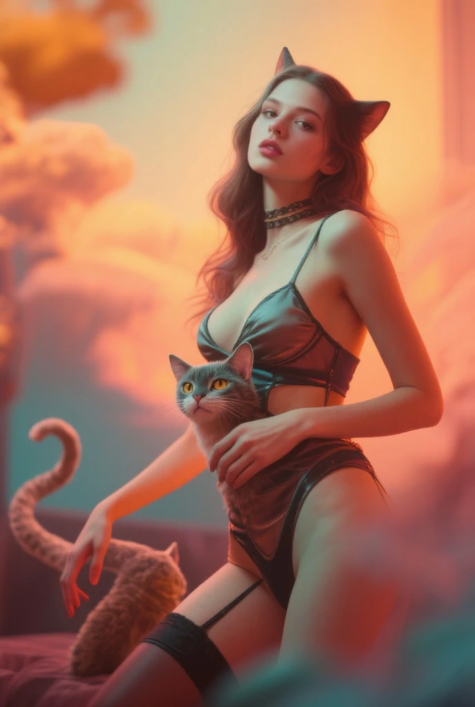 Mysterious atmosphere, 8k, the woman is wearing pink underwear and has a black cat on her back, 1girl, 独奏, blonde hair