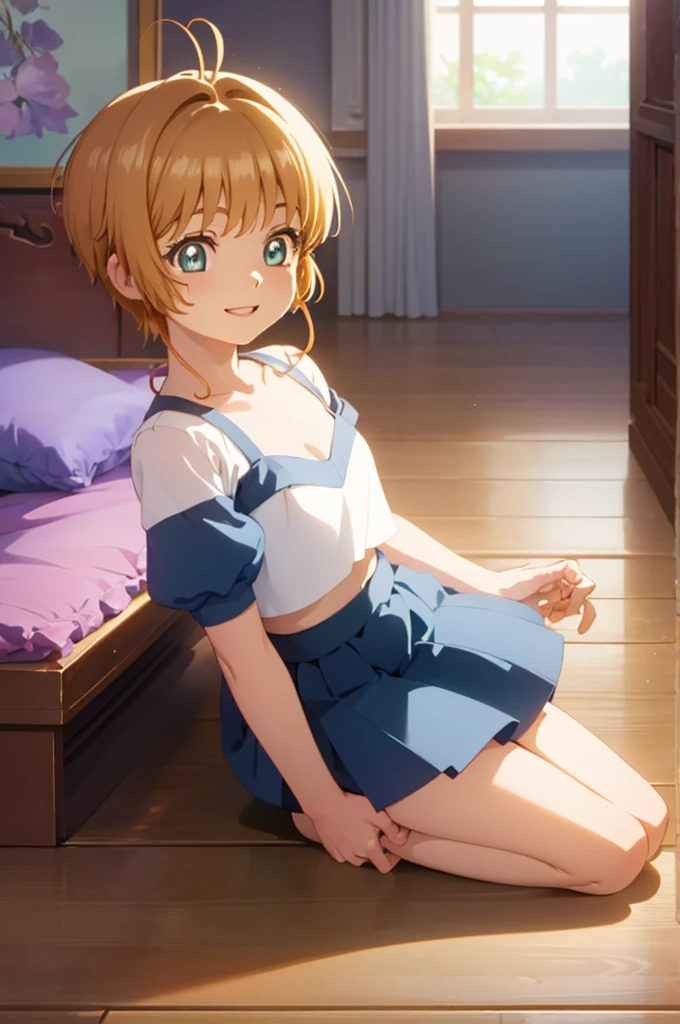masterpiece, top-quality, 1girl in, 独奏, kinomoto sakura, pleatedskirt, The shirt, tomoeda elementary school uniform, Double-sided, A smile, full of shyness,white panties、panties focus、looking at the viewers、shortsleeves、length hair、thighs thighs thighs thighs、hight resolution、a picture、foco nítido、highestdetailed、ighly detailed、detaile、extremely detailed eye and face、on the beds、Are sleeping、cleavage of the breast、Open legs to show white panties、girl,bare-legged、Sexual facial expressions、a navel、Sexual facial expressions、Panchira、Extraordinary lovely anime girl、