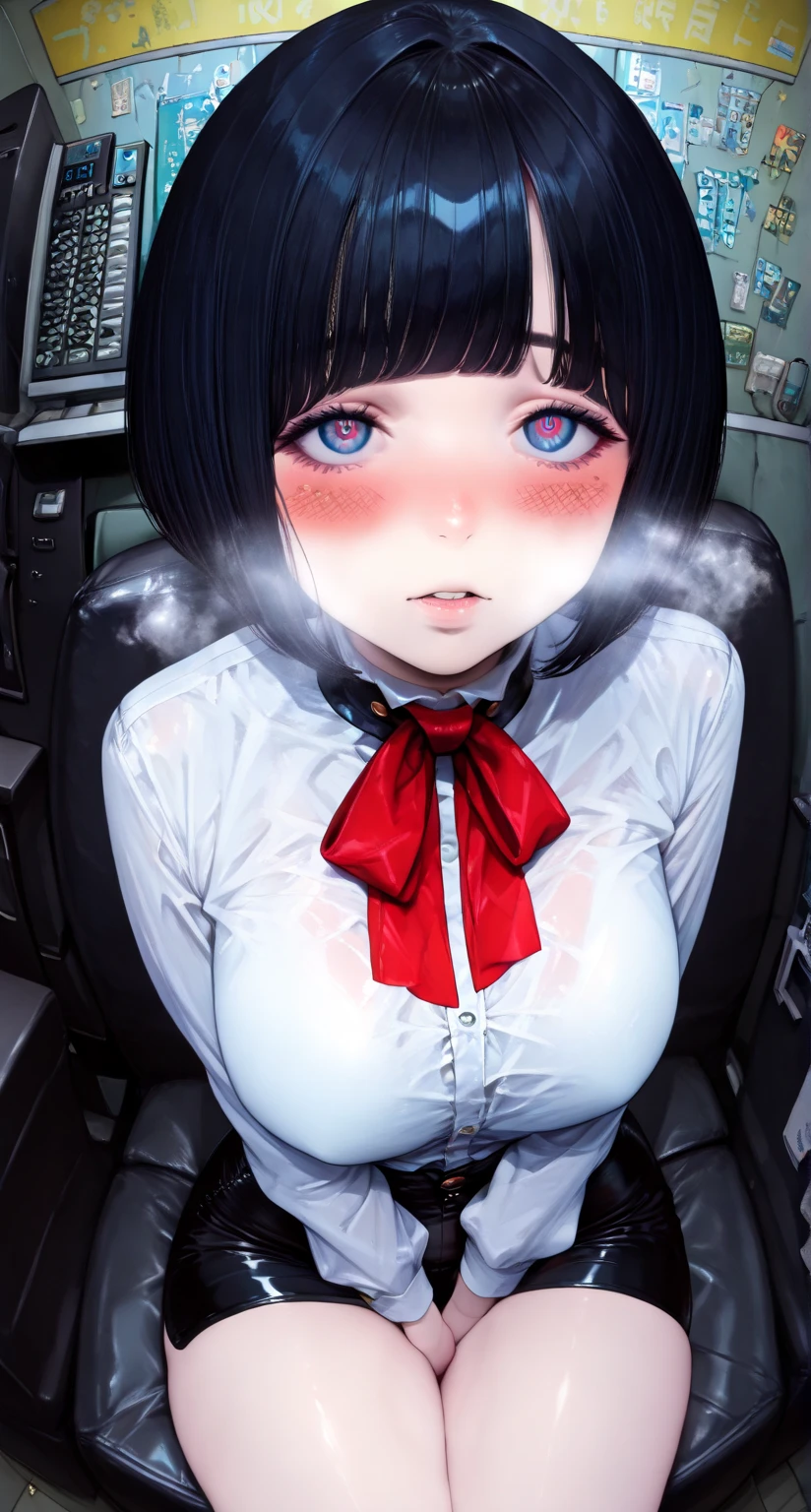 (full figure:1.1), 1 girl as yukino yukinoshita, absurdres, highres, solo, school uniform, big breasts, waist long black hair, (twintails:0.5), (pleated miniskirt:1.2), (black thighhigh socks:1.2), loose red ribbon, unbuttoned white shirt, (ahegao:1.5), (rolling eyes:1.5), (torn clothes:1.5), naked breastss, spread legs