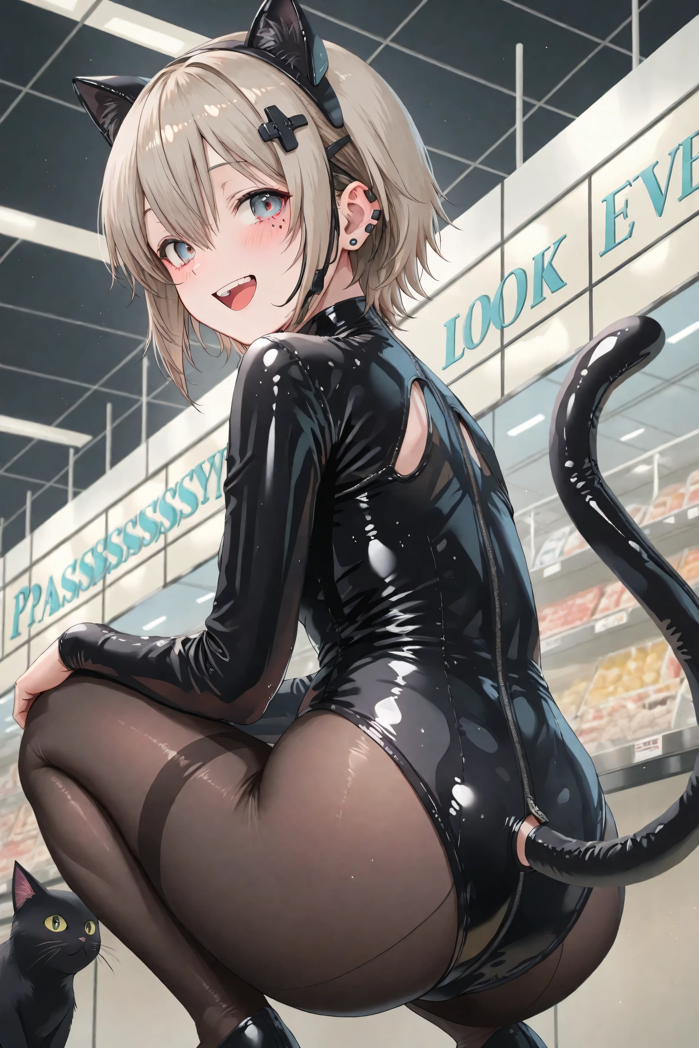 1 girl、short hair、cute、Black Cat Cosplay、、closes one eye and laughs happily、open your mouth、 white teeth visible、from below、 raises his knees、 LATEX LEOTARDS、pantyhose、knee-high stockings、((squatting))、(((Passersby look back)))、( Slutty Girl )、 meet up for a date、beautiful eyes、Shopping Mall、Fine weather、May、Detailed Images、Highest Quality