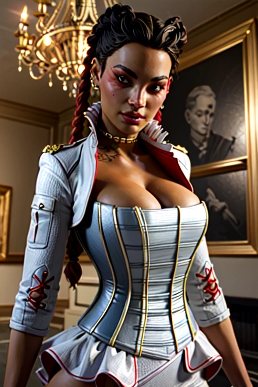 loba, lobapex corset, lobapex jacket, lobapex choker, lobapex earrings, twin braids, red eyeshadow, tattoo, portait, cleavage, looking at viewer, standing in mansion, beautiful, ((masterpiece:1.2)), ((best quality:1.2)), extremely detailed face, perfect eyes, perfect face, perfect lighting, 