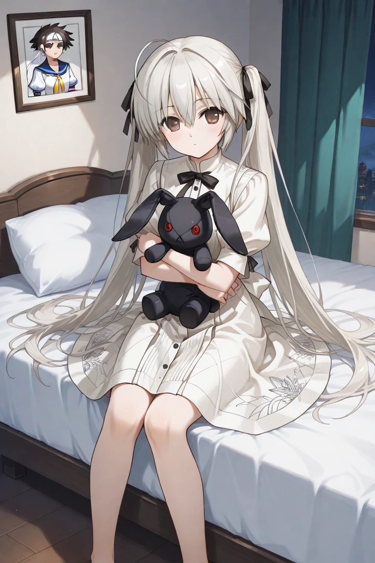 small girl, short hair, rabbit ears, fluffy ears, rabbit girl, white dress, short dress, red eyes, cute face, rounded eyes, small mouth, bare foot, cute look, little ilumination