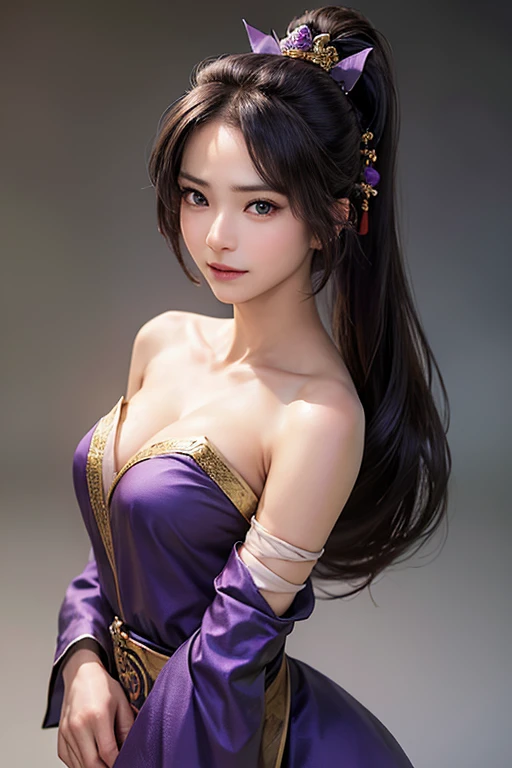1 very beautiful girl in Hanfu dress, Thin purple silk shirt，There are many white patterns, white lace top, Purple platinum，with long bangs，Long ponytail, gorgeous hair accessory, Nice face and cute, Flawless face, Earring jewelry, light purple rabbit ears, Neck accessories, meticulously drawn large purple eyes, meticulous makeup, Thin eyebrows, High nose, Red lips are beautiful, no smile, pursed lips, rosycheeks, Wide breasts, Big breasts, well-proportioned bust, Slim waist, purple mesh socks, chinese hanfu style, Fictional art patterns, The bright colors and legs are real , RAW photo, Realistic photo, ultra high quality 8k surreal photos, (Fantastic lighting effects: 1.8), 10x pixel, Magic effects (Background): 1.8), Super detailed eyes , Portrait of the upper body of a beautiful girl, Girl Alone, ancient hanfu background, head straight-looking at viewer, Wide original photo, 8K quality, Super sharp, Most detailed、The clearest picture, Detailed light background,