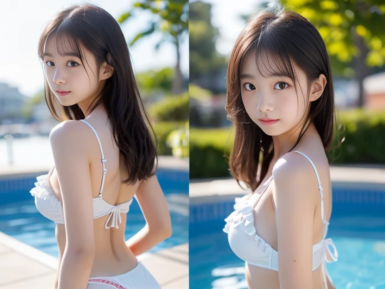 (Highest quality, masterpiece), One girl, Intricate details, Beautifully detailed face, (Minimal Micro Bikini:1.2), See through, View your viewers, Night Pool, blush, Open your mouth, Black Hair, Medium Hair, Blunt bangs, Happy, Are standing, Cowboy Shot,