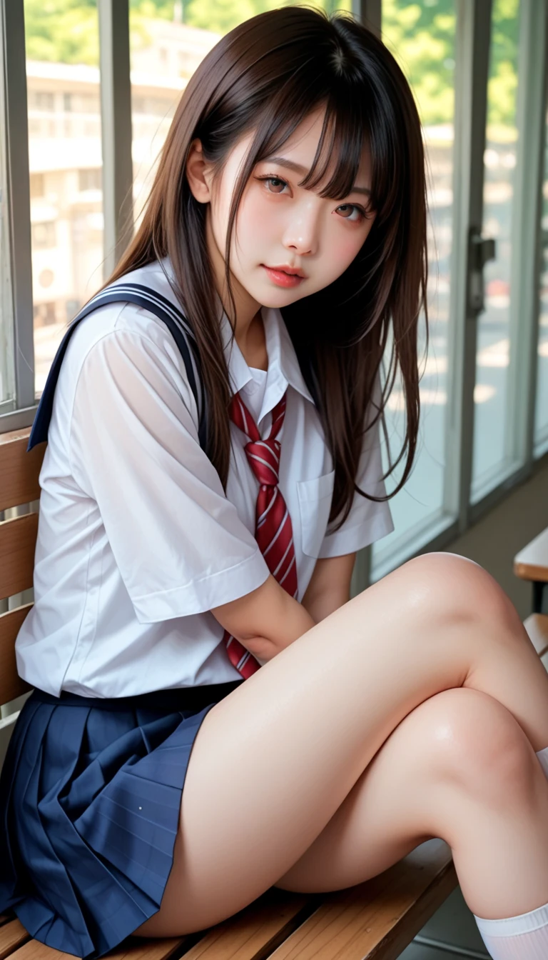 15-year-old female classmate,(best qualtiy,8K,tmasterpiece:1.3),Goose egg face,largeeyes,long eyelasher,With bangs,Cool handsome,Domineering,Exquisite(live-action realistic style),Star-like eyes,Ultimate face,Photorealistic light and shadow,Clear facial features,Milky white skin,Fair skin, highdetailskin, Realistic skin details, Visible Pore,(Super detail),Petite body,(perfect bodies:1.1),Carmelto, full bodyesbian,She wears long loose black hair and reaches her waist,(hair flowing),Chinese school uniform,Sheer white shirt,tiese,Dark blue pleated miniature miniature,((dynamicposes),sitted,Hugging your legs: 1.1),((Playground background,A lot of classmates,Neat lines)),((Dynamic background((blue open sky)) ,Dramatic scenes