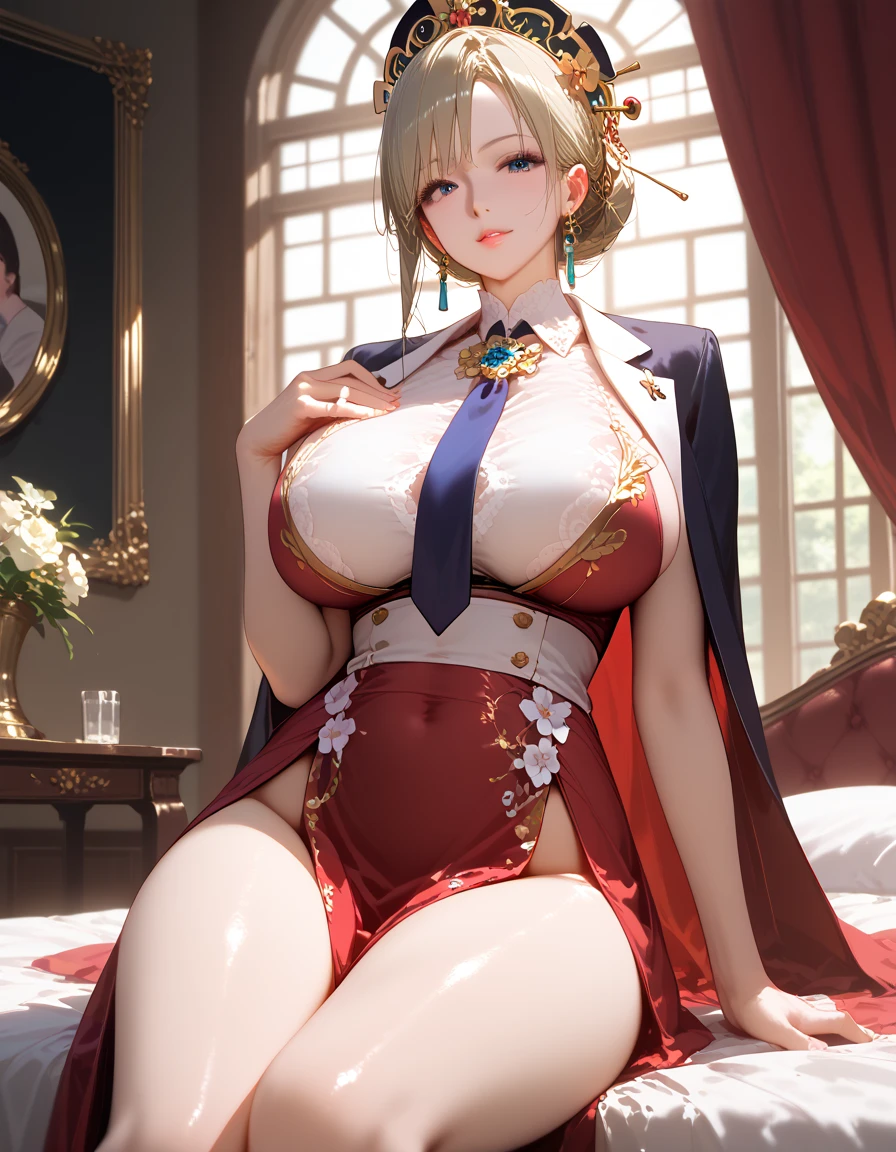 masterpiece, best quality, 1girl, sitting, couch, cowboy shot, looking at viewer, gold braided hair, Chinese dress, large breasts, indoors, female pubic hair, visible underwear, ecstasy 