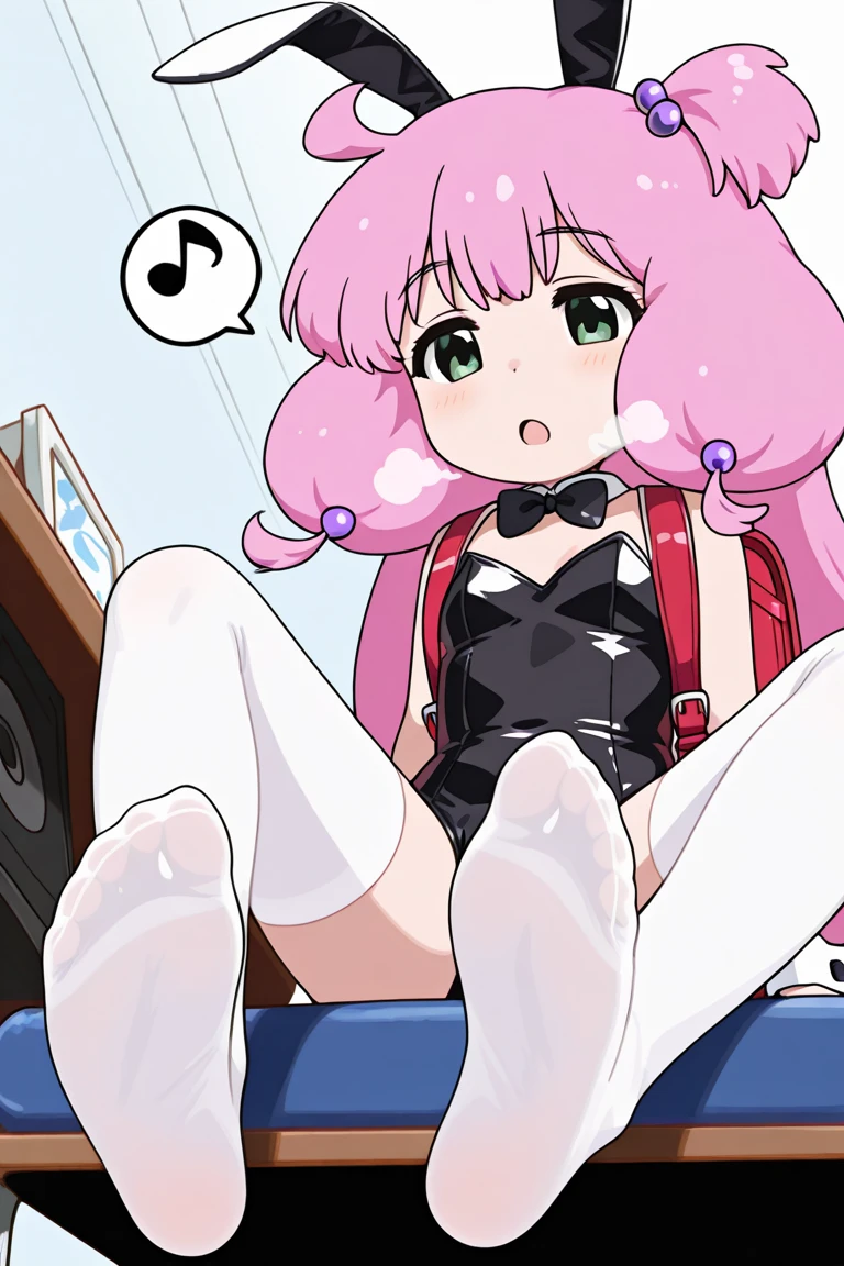 (perfect body),highest quality,16k,(nsfw)、anime screen capture、((blush)),(short hair), (((orange eyes))),thick tight,((((pink hair)))),Sweat,wet、I was surprised,((())),(((View from the front)))),cowboy_shot,((((wavy hair)))),Ahoge,Barrette,(((Light blue striped bikini))),(white knee socks),(white gloves),((Panty shot))、big ass,flat chest、blush、squatting down,one eye closed、legs spread、looking at the viewer,(((he is short))),((:o)),(((headset on head))),(surprise),(from below),((Idol)),((1 girl)),(((pink bow tie)))、(both armpits)、hands behind head