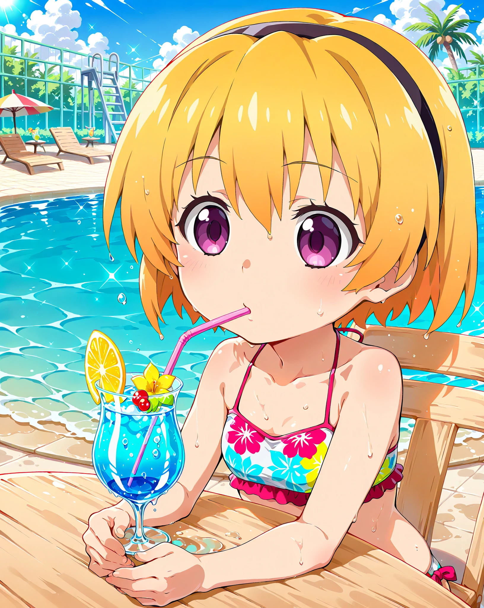 Kasumi Nakasu Yellow-brown hair Very Short Hair Straight Hair Head ribbon Red Eye Yellow Bikini Beach Drink a drink Strong sunlight sun Sweaty LoveLive Nijigasaki Gakuen School Idol Club smile Sit on a bench