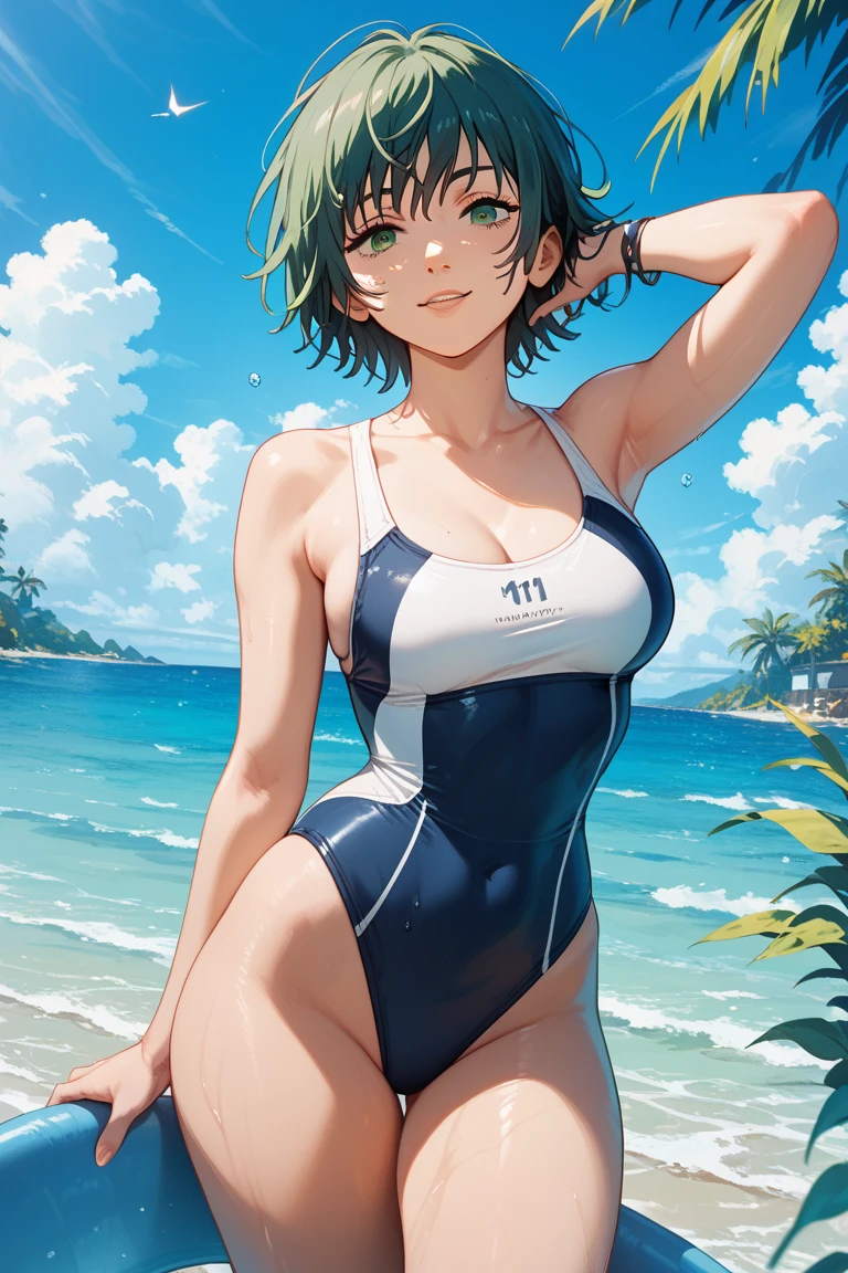 Highest quality, masterpiece, Ultra-high resolution, (Realistic:1.4), RAW Photos, Intricate details, Big beautiful eyes, Perfect contours, masterpiece, One Girl, ((Junior high school student:2)), Braided Bob, (aerial view:2), (perky breasts:2, high breasts:2), (curvy waist:2), Competitive swimmer, (one piece:1.5, turtleneck:1.5, Sleeveless swimsuit), ((Metallic Green:2)), ((tight high leg swimsuit:1.5)), ((shoot from below:2, looking away:2)), (Chest close up:1.5)、Portraiture, ((Standing on the edge of a cliff:1.5, Hesitant to jump:1.5, Incredibly high sheer cliffs:1.5, Stand at the highest point overlooking the surrounding area, peer down the cliff)), (Anxious expression、His mouth is twitching with fear), (Wet Skin), ((Underarm))、Nothing in my hands、