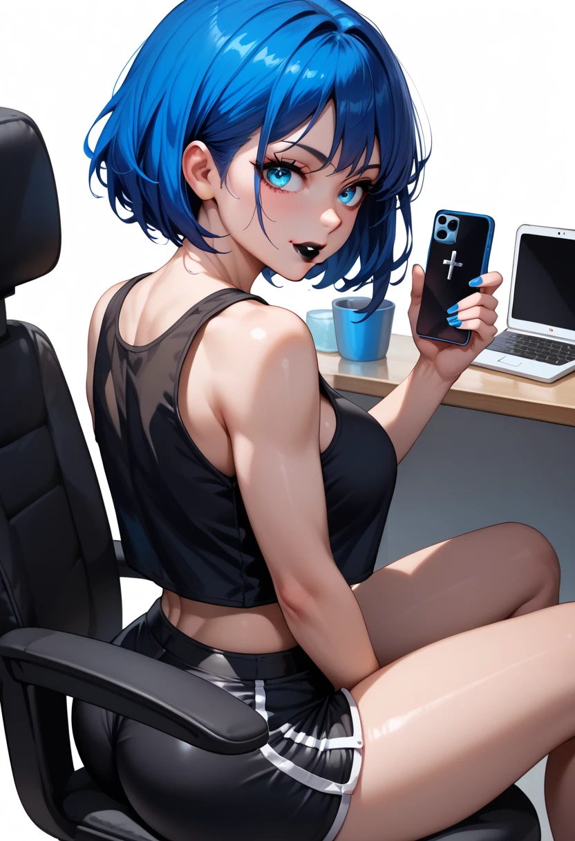mature woman, goth, hot face, black lipstick, tongue out, teasing expression, seductive grin, hot face, (sharp eyes), gray eyes, short hair, messy hair, black hair, slim body, medium breast, short pants, hot pants, black clothes, midriff, sitting down, (sitting on gamer chair, sitting in front of a computer, flat schreen computer), crossing legs, (holding phone), view from side, side view, living room