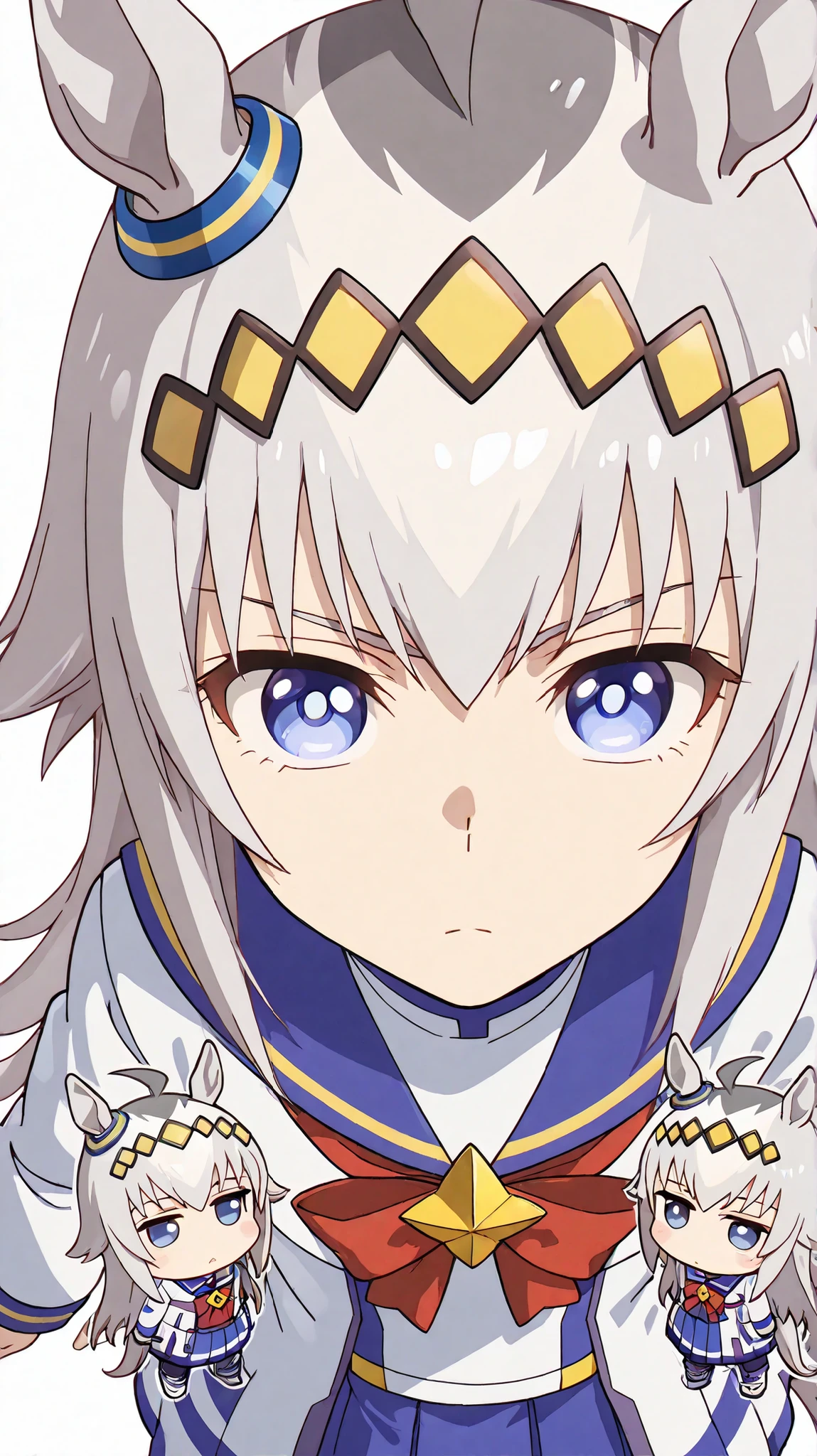 ogli cap,Uma Musume,( chibi:1.4),
High Quality, 最High Quality, masterpiece, high definition, detailed face(Lola: Oguri), anatomically accurate, detailed hair(Lola: Oguri), detail bang(Lola: Oguri), anime coloring
solo , 1 girl on break day, long hair, horse ears, grey hair, redhead, horse tail, blue eyes, colorful hair,
Little Chestnut, sailor collar, white shirt, middle, blue skirt, white coat, long sleeve, pantyhose, boots,
close-up, seen from above, upper body
live viewer, no expression