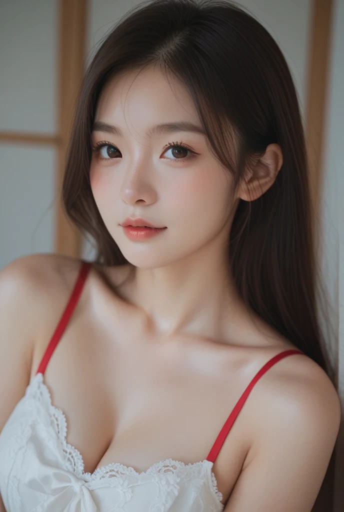 ((masterpiece: 1.4, best quality))+,(ultra detail)+, official art, unity 8k wallpaper, ultra detail, beautiful, high quality, Highlight your cute face, masterpiece, best quality, half wavy medium length hair, (brown eyes, brown hair), bust, looking straight ahead, lace lingerie