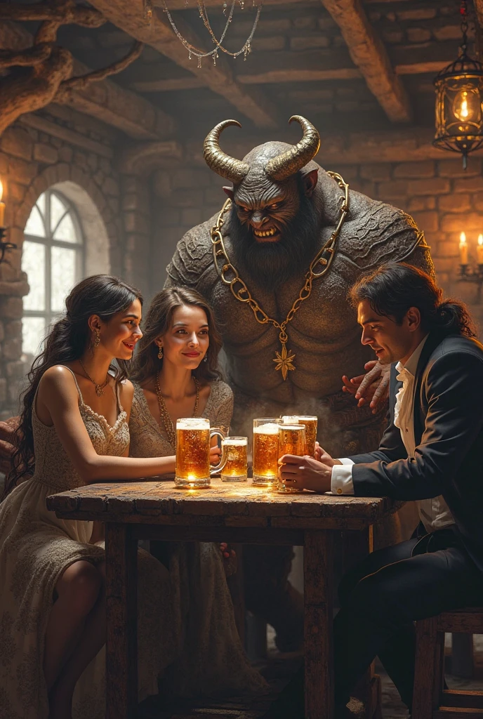 a character of d&d, half human and half buffalo, with a scary appearance, with several scars. in a tavern
