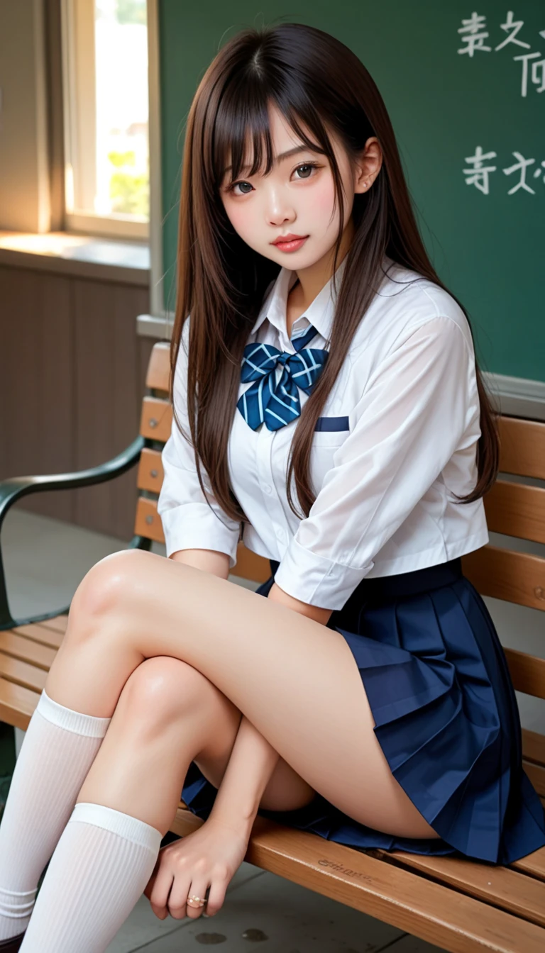 Anime Girls sitting on a bench in a classroom with a blackboard, beautiful anime high high school girl, a Surreal , 現実的なhigh school girl, Beautiful breasts, ribbon, Brown Hair, young Anime Girls, Surreal , Cute girl anime visuals, Anime Girls, Anime Girls with long hair, cute Anime Girls, Smooth anime CG art, high school girl, an Anime Girls, seductive Anime Girls, (Detailed eyes and face:1.3, Professional photography techniques), (Detailed hands), (Highest quality, 8K, masterpiece:1.2, RAW Photos), Gaze at the viewer, (blush:1.2), Sexy expression