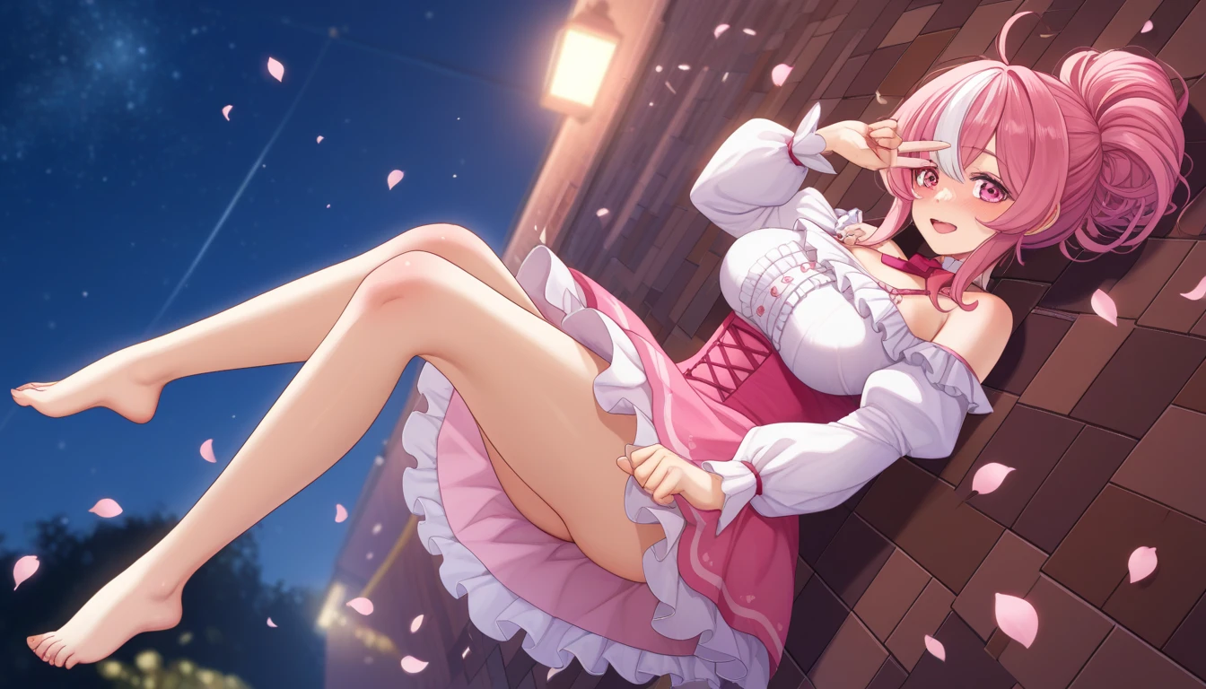 Highly detailed skin, Highly detailed face, (Beautiful detailed eyes, the girl smiles, Blushed cheeks), (A girl stands and walks), The girl is a cute 18-year-old, ((No panties, Cute, Thin pubic hair)), (Bra not worn, Smaller breasts, Cute nipples), ((Heeled shoes with ribbon)), lace tights, skirt, Cherry blossom trees, Scattered cherry blossom petals, ((Photographed from the front so that the girl's whole body is included)),
