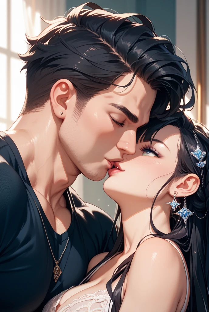 Sexy woman being kissed on the neck by a young boy