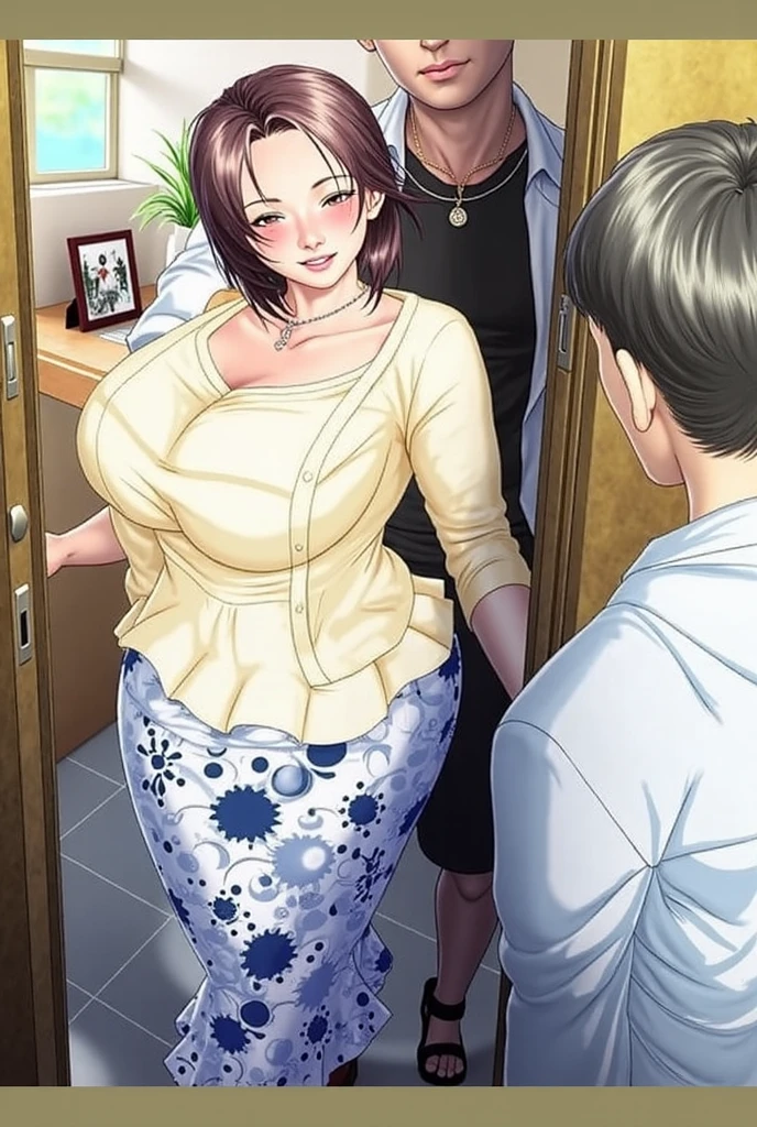 Full body photo, 1 woman in black clothes with white props from an extremely exhibitionist maid and 1 old man of 90 years old with a suit and tie, holding her from behind, immensely large breasts, clothes very tight on the body, looking at the viewer, maid hat, she has short black hair, blue eyes, they are in a bathroom in front of the shower, anime, 16k, best quality, highres, award winning, high details, UHD, masterpiece, anatomically correct, ccurate
