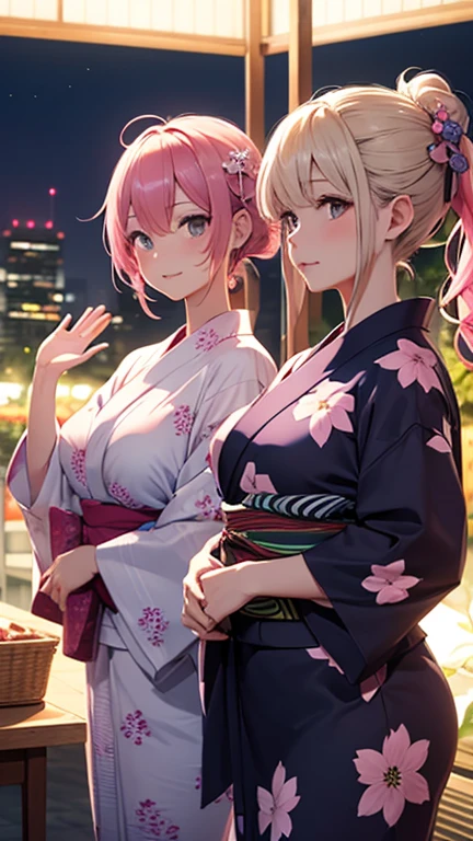 ((Highest quality)), ((masterpiece)), (detailed), (Perfect Face)、The Japanese princess is Lacus Clyne, with blue eyes, pink hair that is tied up and a hairpin, and she is wearing a gorgeous, gorgeous, and colorfully patterned Japanese kimono.、The woman is in a Japanese garden, seductively posing as if to entice the man.