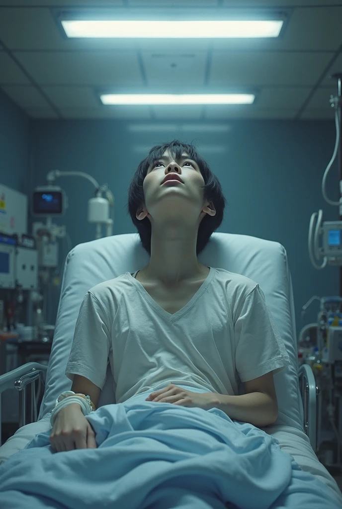 1boy、Handsome Men、Japanese male, 、handsome man、Mash Hair、Completely naked、Full nudity、erection、Huge penis、Highest quality、Realistic、beautiful、Sad look、MRI scan at the hospital、Arms above head、A nurse in a white coat next to me