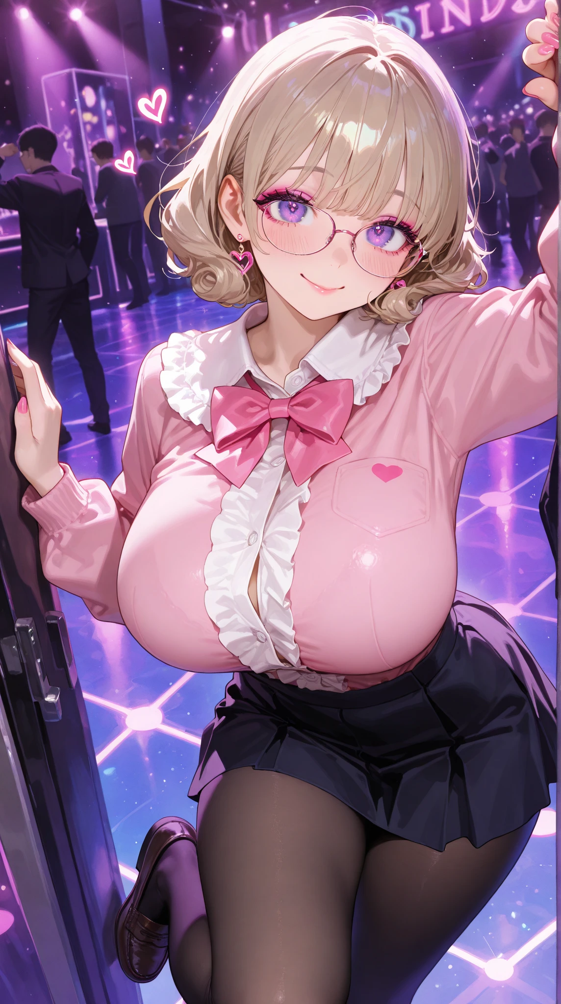 Being fondled by a group of black people,Show forehead,Glasses,1 girl,Super delicate skin,Radiant Skin,Moist oily skin, devil smile,Huge Chest,Chest,,Show your thighs,Vibrant colors,masterpiece,best quality,Extremely detailed,high resolution,concentrated,Nightclub,Look at the audience,,Change,((masterpiece、best quality、Very detailed)、((A girl))、blond,Dark skinned hottie,Tattoo,nun,Short skirt,Pink leopard print underwear,Reverse Bunny Girl、Pink Eyes、((There are many piercings))、((Big Chest))、Cowboy shooting、Shooting from above、Purple light strip,((best quality)), ((masterpiece)), (detailed), (character focus、Chest Focus,whole body), Thick Legs,Side Ponytail,Long hair,curls,Double tail,Thick thighs,Huge breasts,Half Chest Exposed,Fascinating three-dimensional,Fascinating three-dimensional,Fascinating three-dimensional,Whole body soaked,Shortness of breath,Bright Black