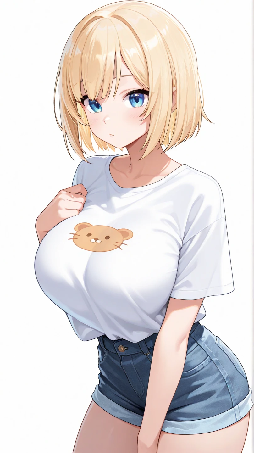 A beautiful woman with short blonde hair, soft wavy hair ends, kawaii facial features, partially covered eyes with long bangs, large breasts, blue slanted eyes, wearing a plain loose t-shirt and tight jeans, with a black jacket covering the neck, posing with a soft smile against a white background, her right eye visible and eye color yellow, the apron slightly loose, right hand holding a shopping bag, left hand resting on the side of the thigh.