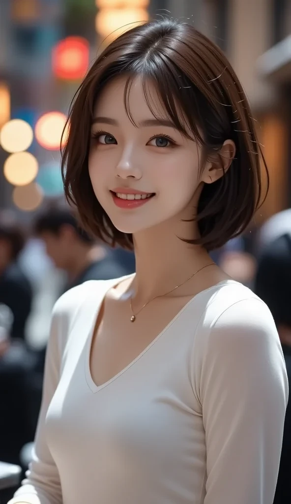 ((masterpiece)), ((Highest quality)), ((Complex)), ((Surreal)), (Realistic), (Mature Woman), ((There are no classes)), Very detailed, (1 female), Beautiful and exquisite, (Beautiful Teeth), Grin, Brunette Bob Hair, Brown eyes, ((blouse)), (Upper Body), (background:none), Perfect Eyes, Captivating eyes, Looking at the audience